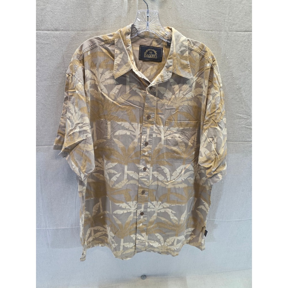 BD Baggies Mens Large Short Sleeve Palm Leaf Tropical Button Up Shirt Tan Gray